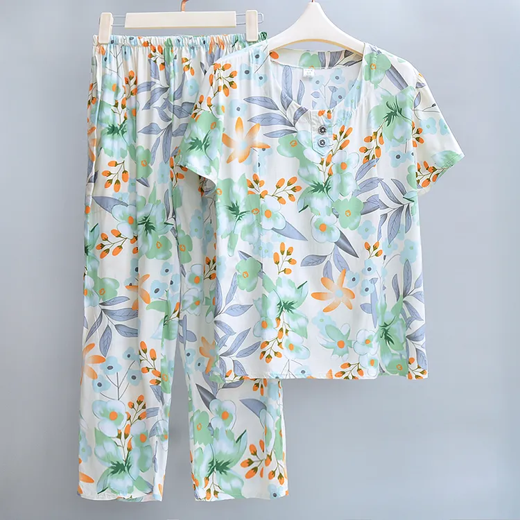 棉绸睡衣女士夏季薄款短袖七分裤人造棉宽松家居服外穿绵绸套装