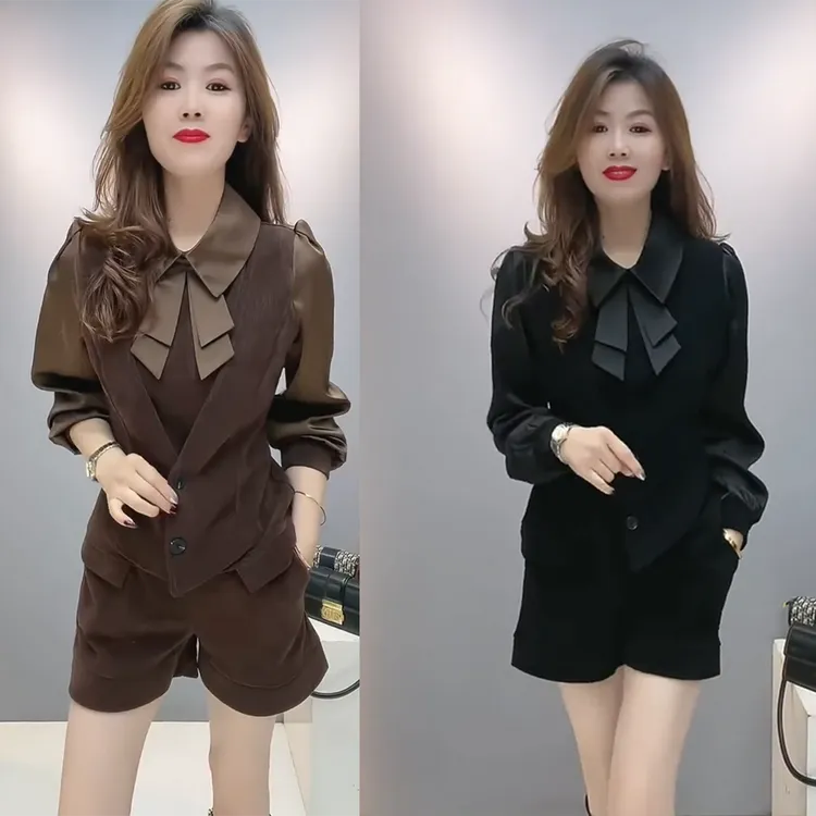 时尚长袖加绒套装女2025冬新款洋气百搭显瘦蝴蝶结上衣＋短裤套装A