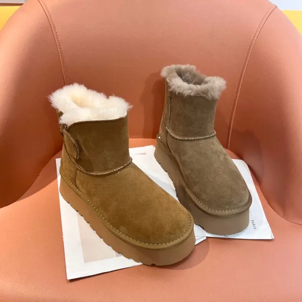 5厘米真皮加绒毛毛雪地靴女加绒加厚魔术贴中筒女鞋短靴