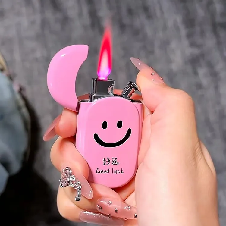 新款笑脸luck防风直冲打火机粉焰糖果色高颜值时尚金属礼物礼物潮