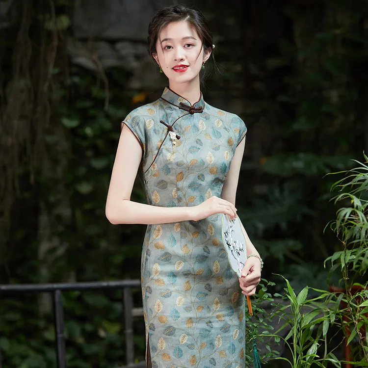 中国风金枝玉叶雅韵旗袍夏季新款复古苎麻印花日常改良230151