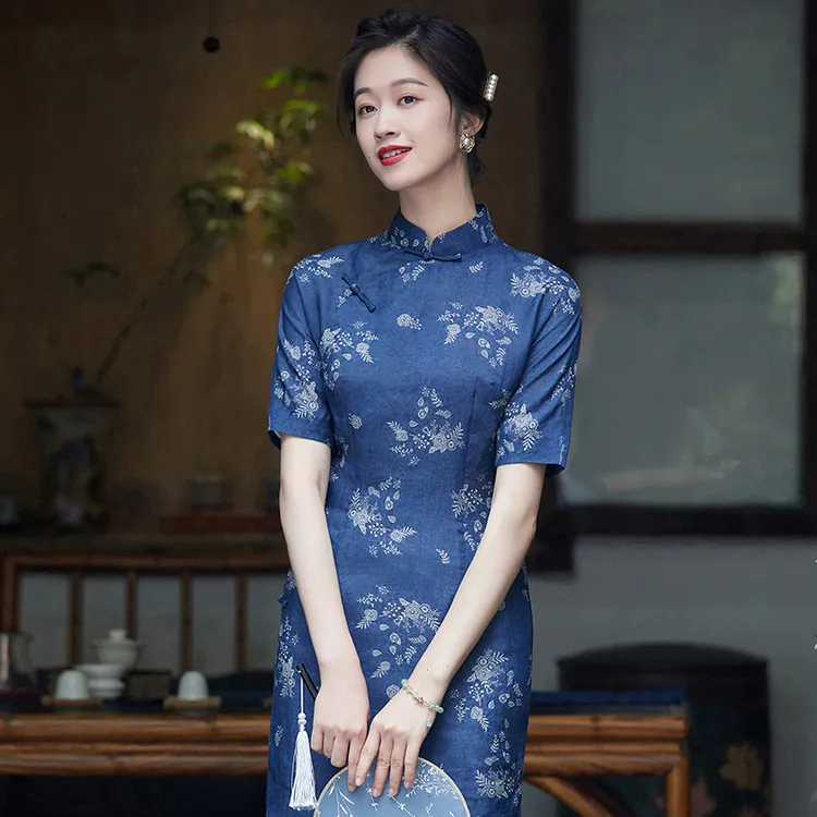  反季清  旗袍女夏季印花短袖改良年轻日常款妈妈连衣裙230139