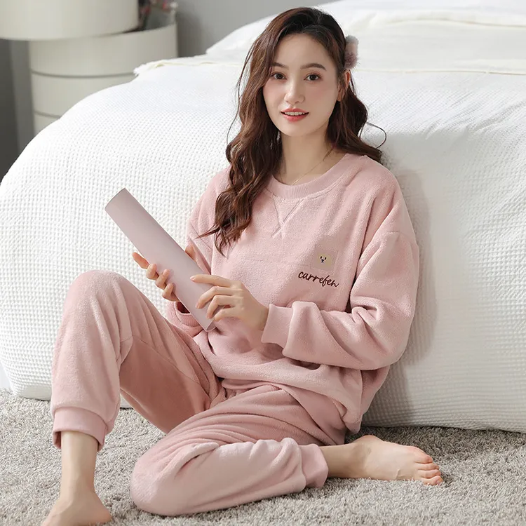 珊瑚绒睡衣女秋冬季加厚加绒保暖法兰绒长袖休闲家居服可外穿套装