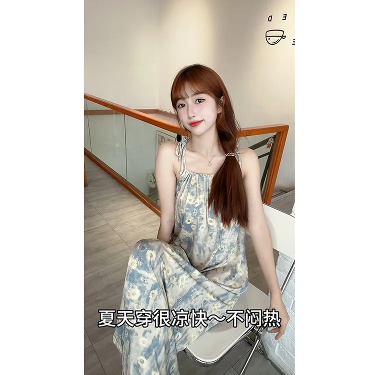 带胸垫中长款吊带睡裙女碎花夏季睡衣夏天甜美可爱家居服显瘦气质