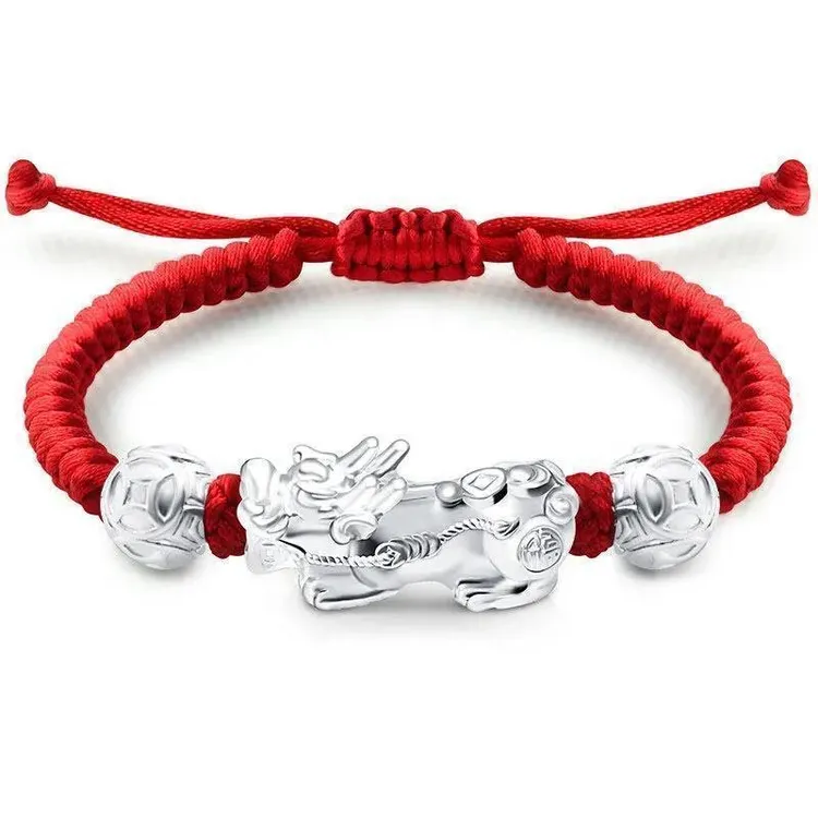 足银手链 999纯银貔貅手链复古手工编绳情侣手链红黑宝宝时尚素款