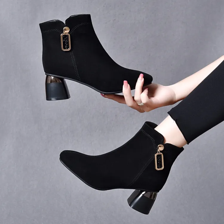 磨砂羊皮粗跟短靴真皮加绒中跟方头秋冬季裸靴短筒百搭跟鞋英伦风