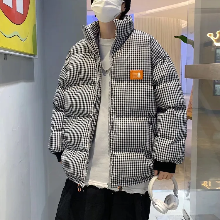 冬季设计感网红加厚菱形格夹棉夹克男短款韩版拼皮宽松痞帅外套潮