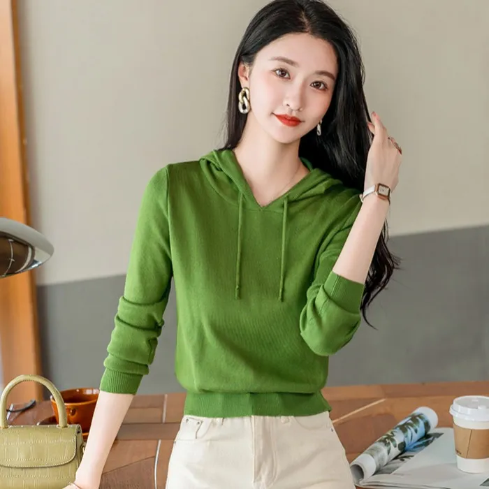 连帽针织衫女短款套头毛衣春秋季2025新款韩版设计感显瘦长袖上衣