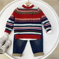 中大童男女宝秋冬毛衫拼接色民族风圆领套头针织休闲百搭中性毛衫