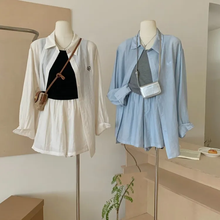 【欧若风三件套】诗丽娅 松弛亚麻刺绣休闲衬衫短裤三件套5678