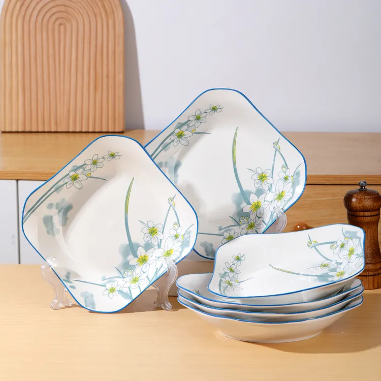 6个水仙花8.5英寸釉下彩方盘陶瓷家用方形创意手绘