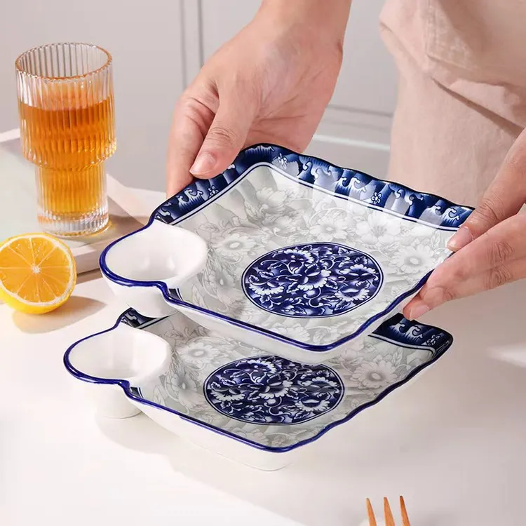 2个青花瓷陶瓷饺子盘釉下彩工艺