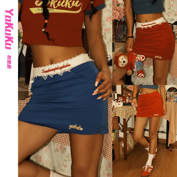 哟酷酷（双向奔赴）美式复古字母刺绣休闲半身裙内带安全裤A字短裙