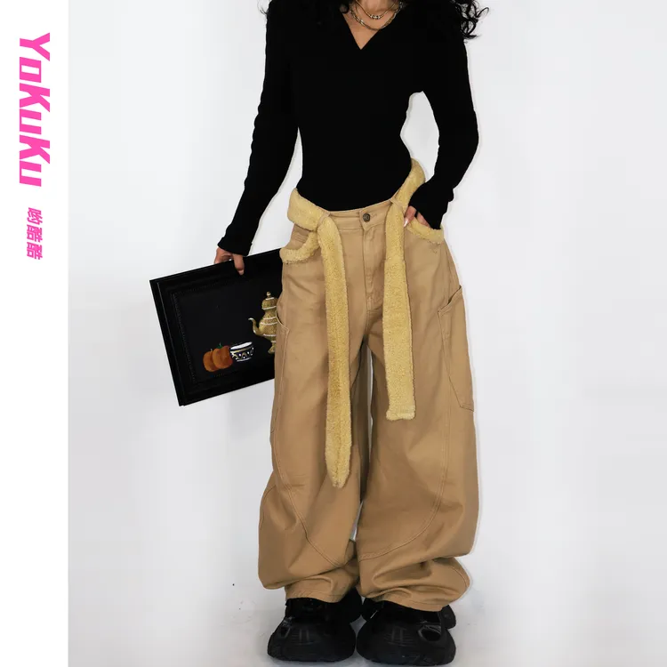 哟酷酷（牛皮纸）美式加绒毛条腰带工装宽松遮肉显瘦休闲阔腿弯刀裤