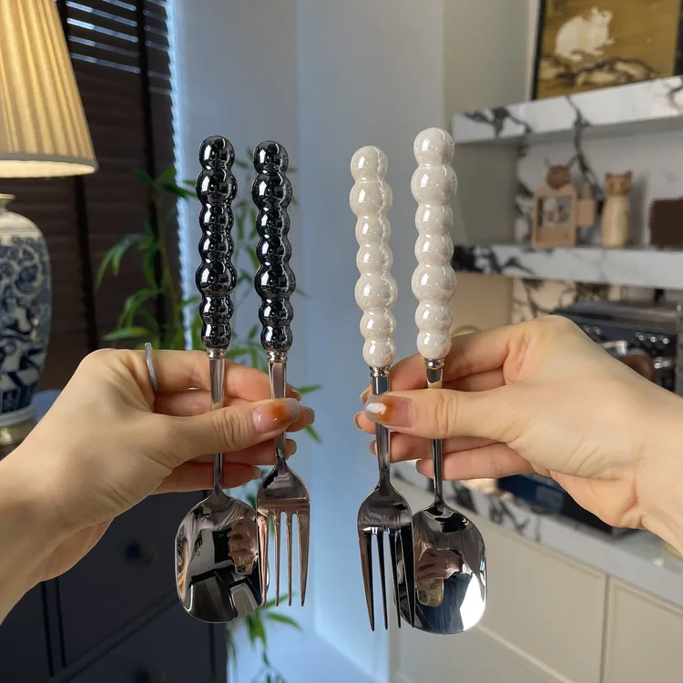 法式轻奢电镀陶瓷手柄304食品级不锈钢餐具镜面抛光高颜值餐勺