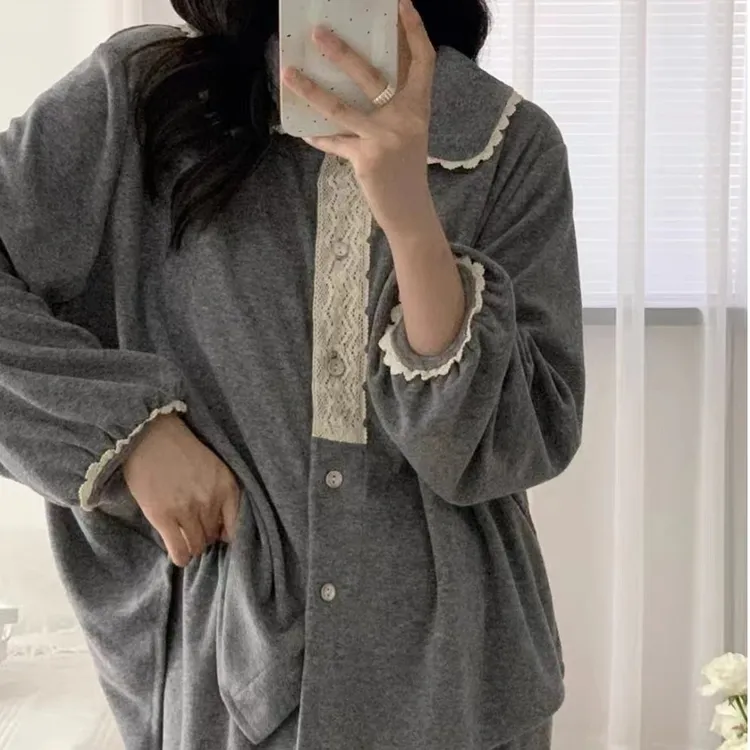 睡衣女棉春秋季可爱小翻领花边甜花减龄娃娃衫可外穿韩版家居服