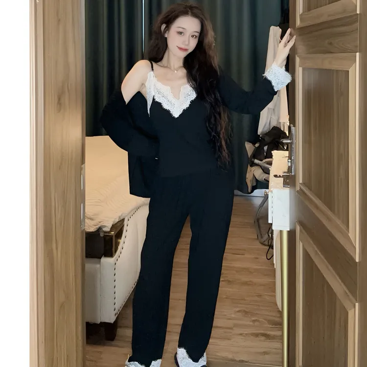 (带胸垫)三件套春秋冬睡衣女长袖长裤蕾丝性感纯欲显瘦法式家居服