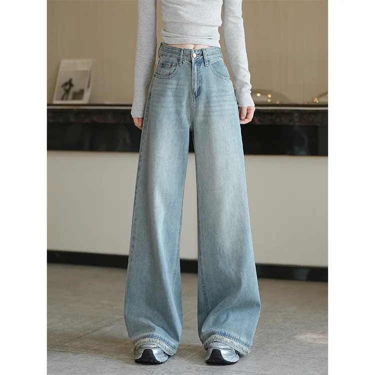 阔腿牛仔裤女高腰2025春季新款宽松显瘦慵懒垂感毛边拖地直筒裤子