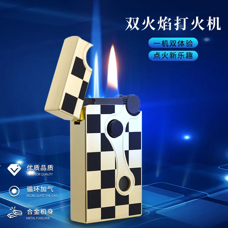 新款充气双火打火机直冲明火切换国潮可视气仓金属打火机
