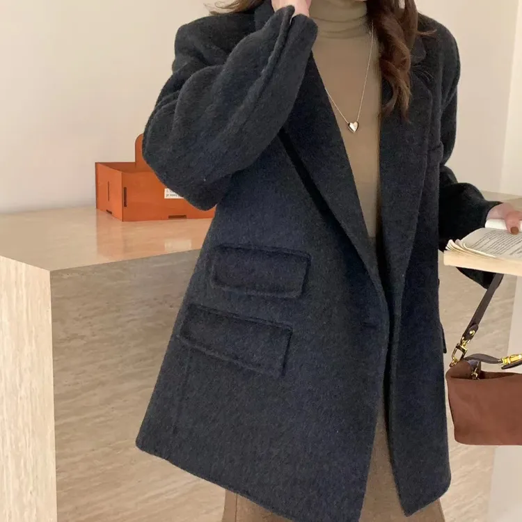 新款春秋气质减龄时尚百搭双面100澳洲细羊绒毛休闲宽松西装外套