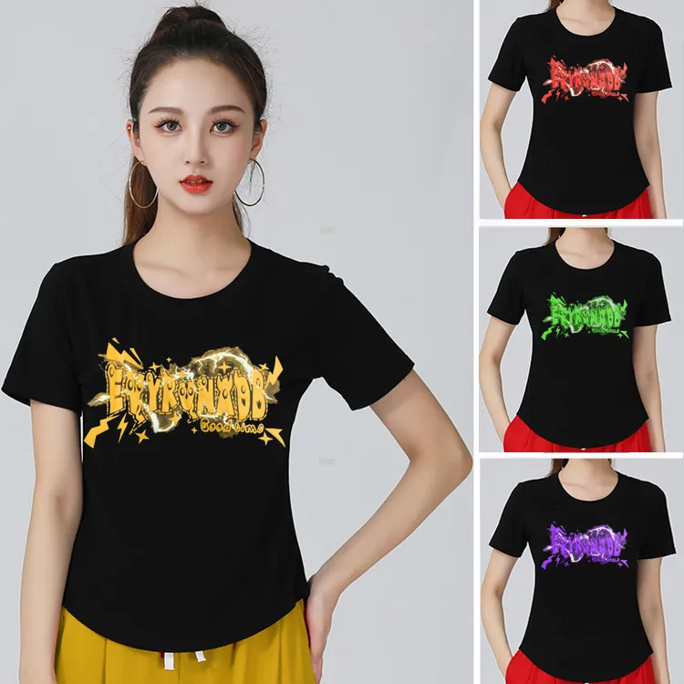 夏季广场舞字母印花圆领T恤休闲修身显瘦舒适百搭短袖上衣