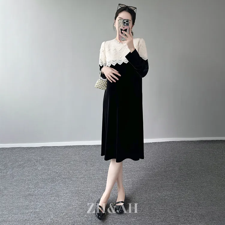 ZH&AH【巴黎旧梦】秋季新款时尚气质百搭设计感金丝绒蕾丝连衣裙