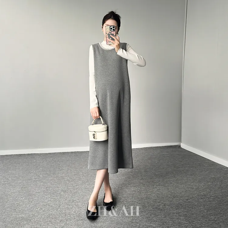 ZH&AH【一水月光】冬季新款气质百搭醋酸绵羊毛珍珠领两色背心长裙