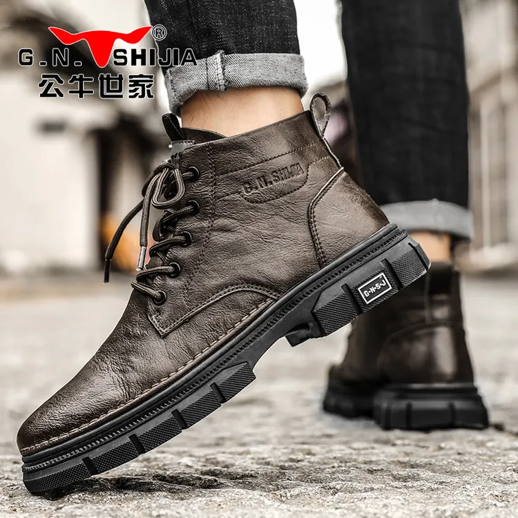 公牛世家冬季新款工装靴马丁靴短靴男鞋百搭英伦风男式休闲鞋潮流
