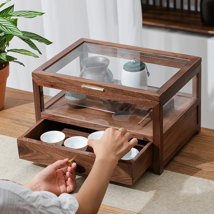 轻奢北美胡桃实木茶边柜家用复古防尘收纳牙科茶叶柜茶具柜茶轼柜
