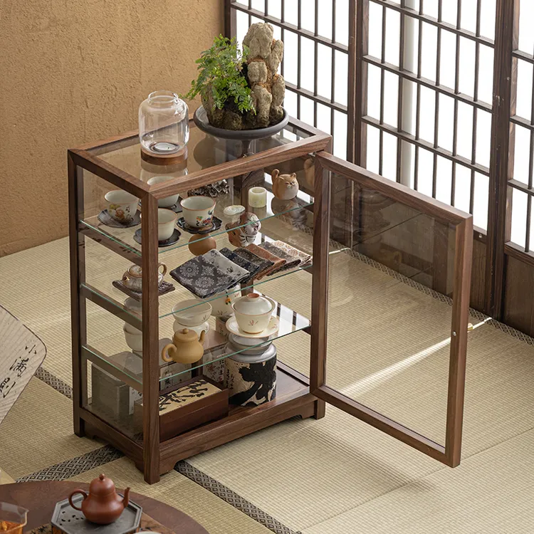 北美胡桃实木透明玻璃防尘展示中式古董收纳柜茶叶柜茶具收纳柜