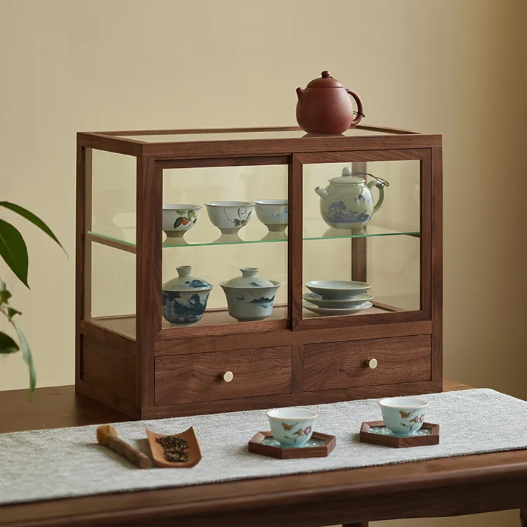 北美实木桌面免安装家用复古中式透明收纳茶具茶叶柜客厅储物柜