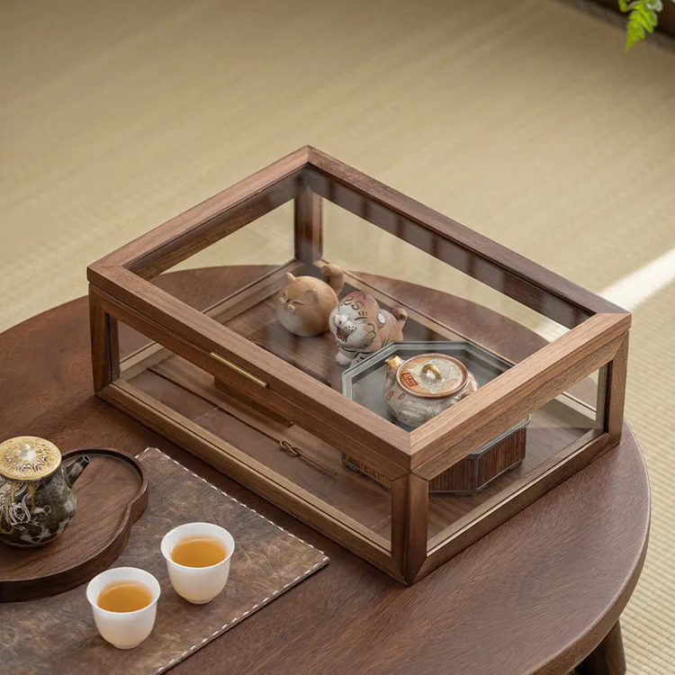 北美实木桌面防尘茶具收纳盒简约置物架古玩新中式茶叶柜储物柜