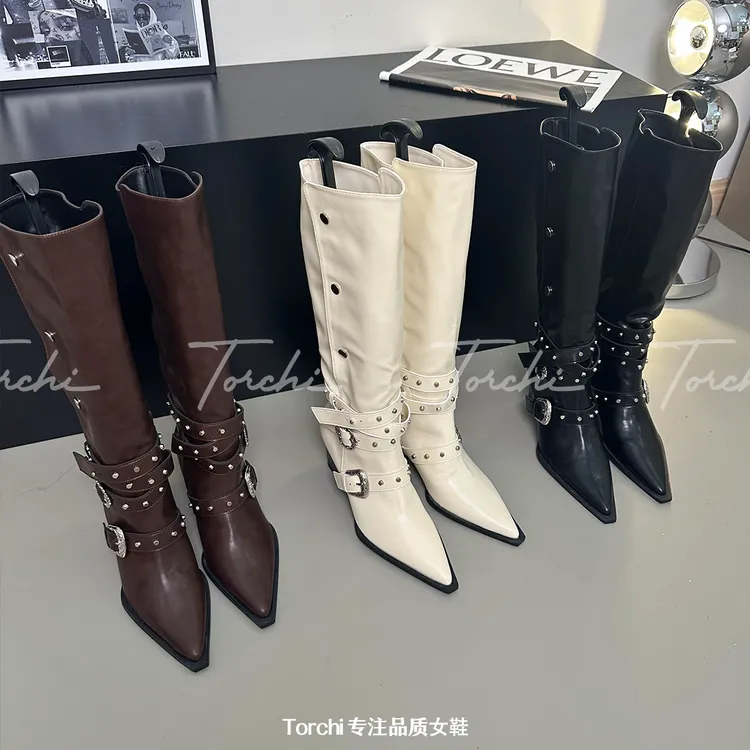 TORCHI / 罗马骑士 / 复古尖头扣粗跟长筒靴新款马丁靴长靴高跟