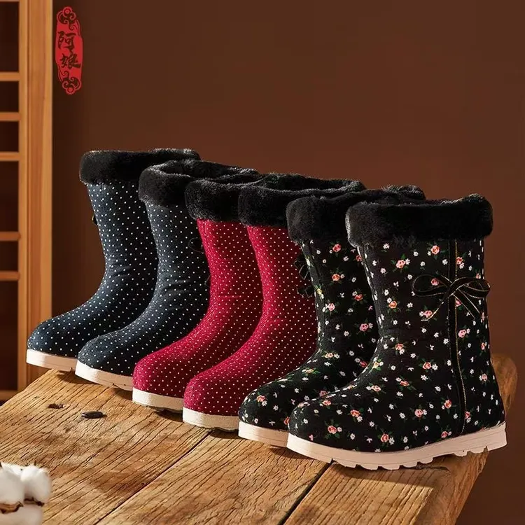 冬季棉鞋靴子女包跟手工棉鞋加绒防滑保暖厚底居家用室内中老年人