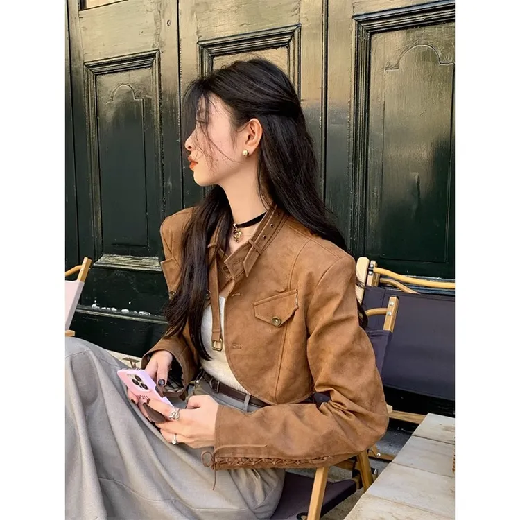设计感棕色复古皮衣外套女2023秋小个子机车风短款pu皮夹克上衣