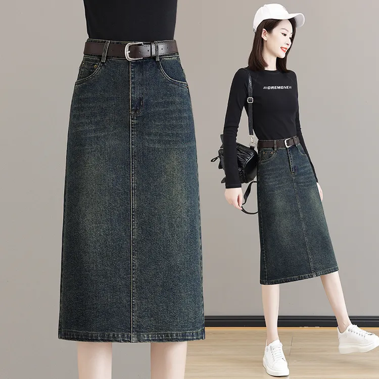 牛仔半身裙秋冬季新中长款过膝修身显瘦遮肉开叉直筒一步包臀裙子