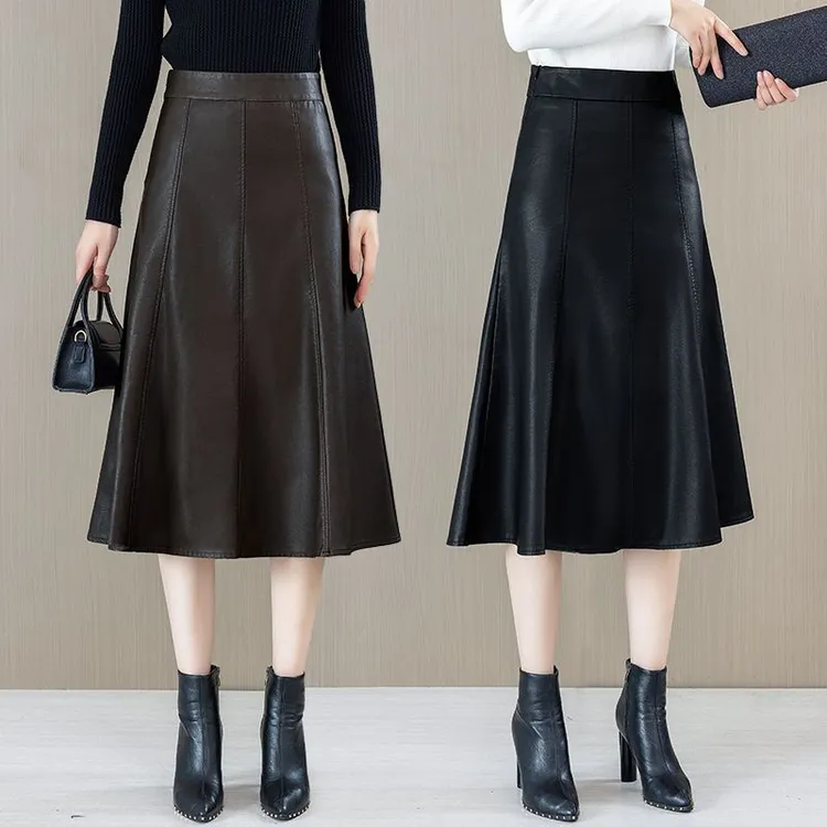气质PU皮a字半身裙女中长款秋冬新款设计感大码胖mm显瘦遮肚裙子