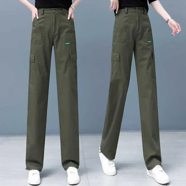帅气工装裤女春秋新款高腰宽松显瘦多口袋休闲裤户外运动直筒裤子