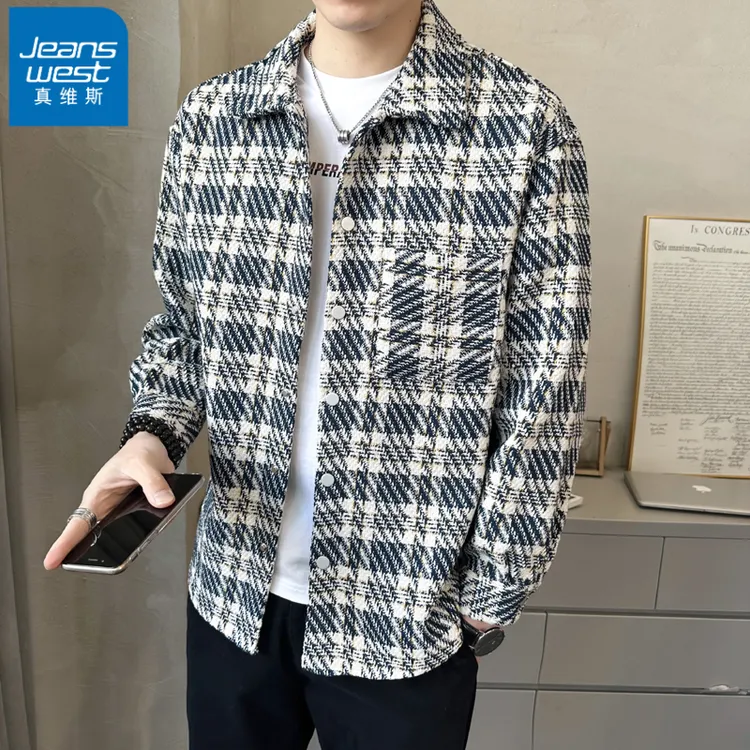 真维斯小香风外套男秋冬款高级格子衬衫潮牌翻领宽松休闲情侣夹克