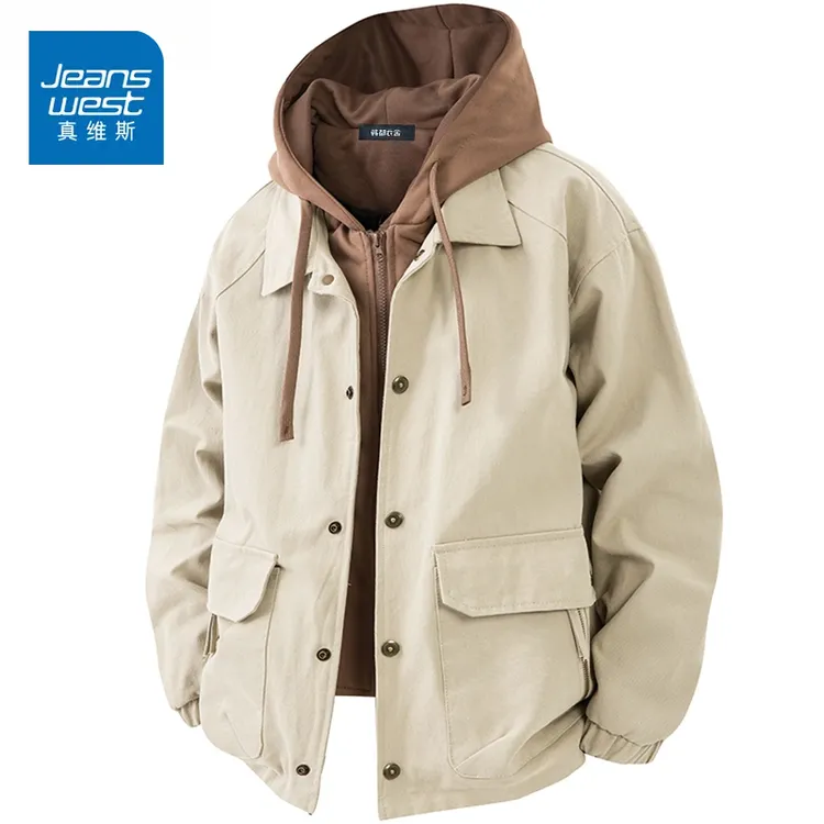 真维斯外套男士假两件潮牌工装连帽秋冬夹克时尚撞色宽松夹克衫男