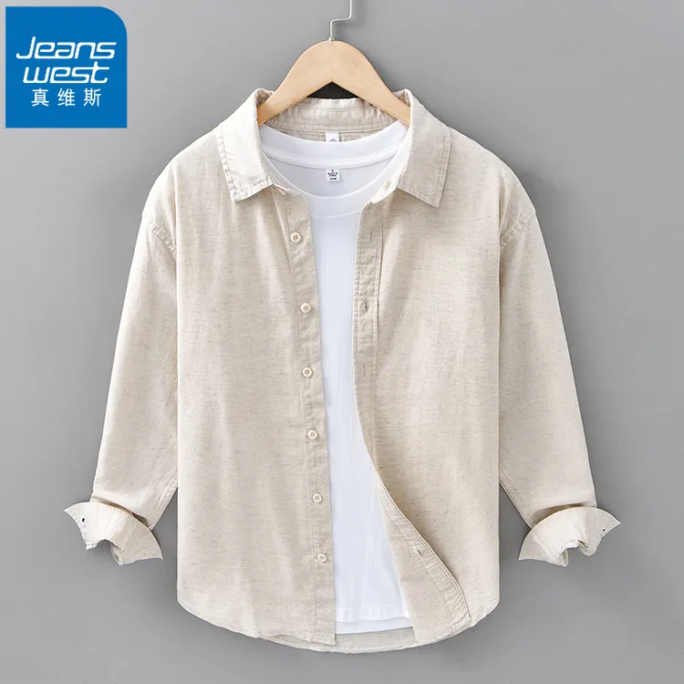 真维斯春秋亚麻长袖衬衫男士商务休闲百搭棉麻衬衣文艺男装上衣服