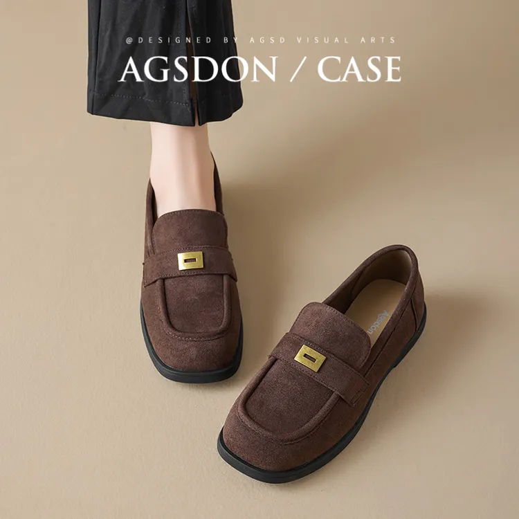 奥古狮登复古乐福鞋女2024新款秋冬厚底一脚蹬安格拉红绒面小皮鞋