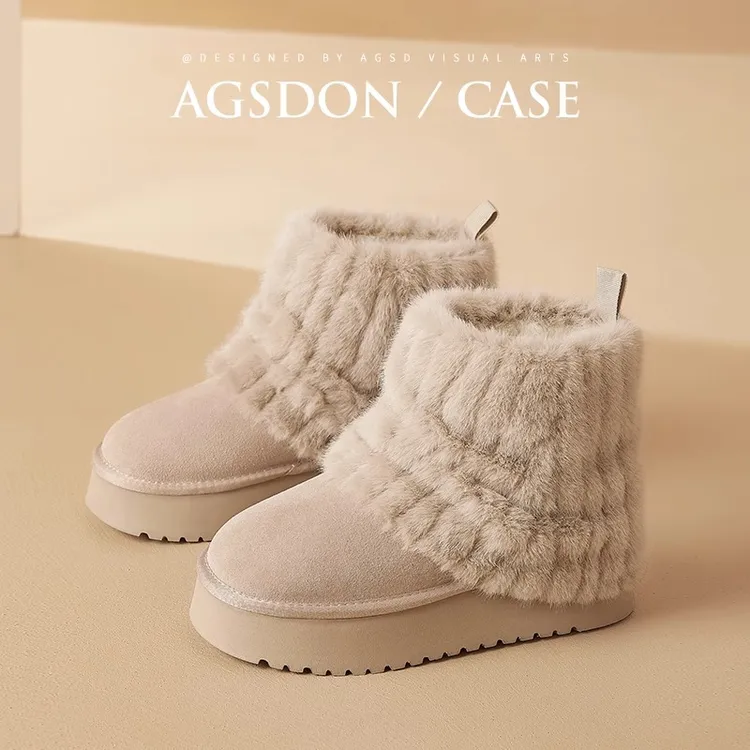 奥古狮登毛毛雪地靴女冬季2025新款加绒加厚中筒裤管短靴东北棉鞋