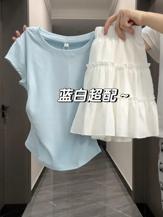 韩版纯欲穿搭套装女夏蓝色T恤纯色松紧高腰显瘦百搭半身裙两件套