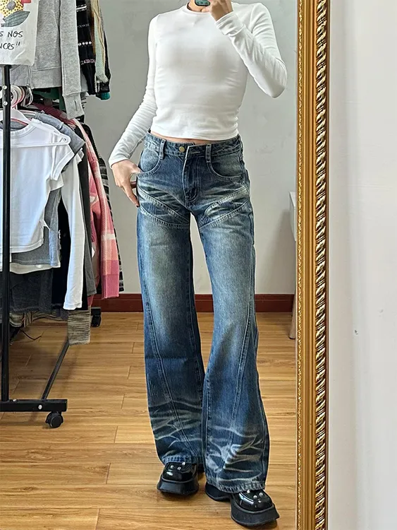 微胖mm高级感低腰宽松阔腿牛仔裤女早春新款美式辣妹微喇直筒裤子