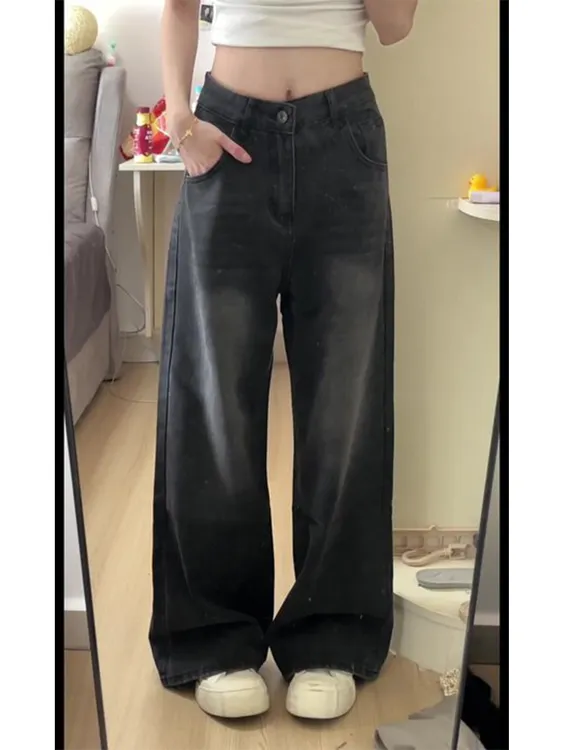 微胖mm复古辣妹宽松拖地直筒牛仔裤女秋冬新款显瘦百搭垂感阔腿裤