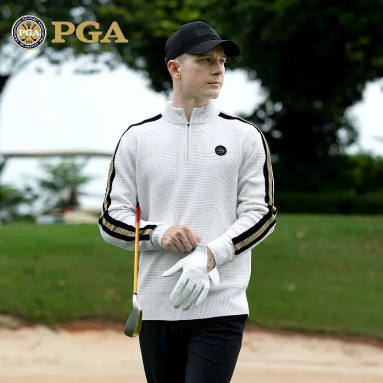 PGA 高尔夫男装男士秋冬季保暖立领毛衣绵羊毛织衫服装长袖T恤   