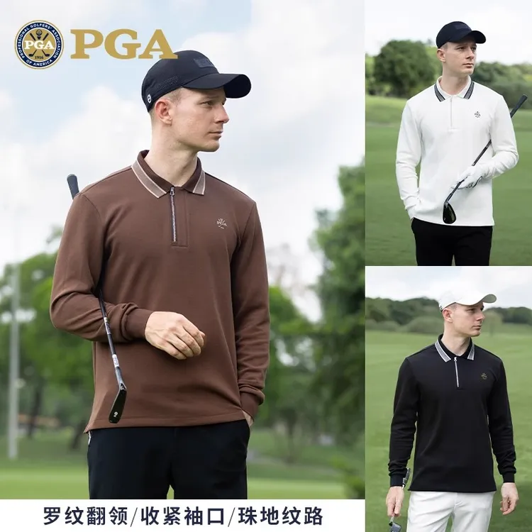 美国PGA 高尔夫男装春夏翻领上衣 运动舒适长袖T恤收紧袖口POLO衫