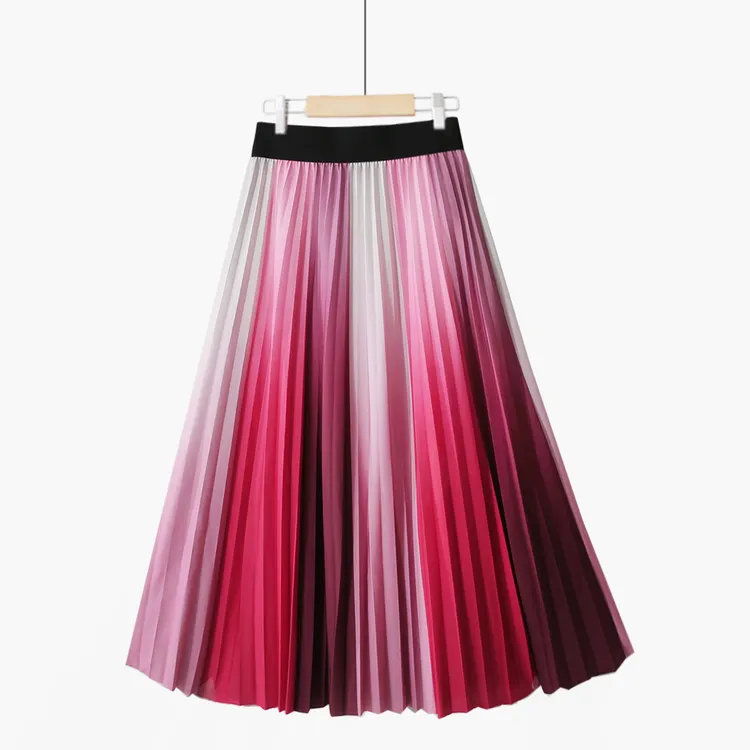 秋冬新韩版梦幻拼色渐变大裙摆松紧高腰显瘦法式复古中长款半身裙