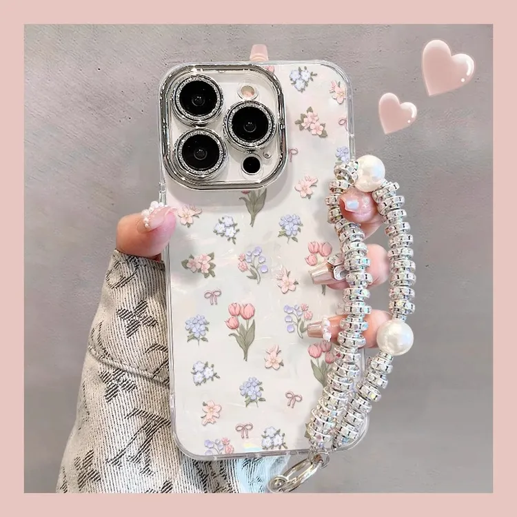 适用苹果15promax手机壳新款14promax贝壳纹清新13郁金香花朵手链